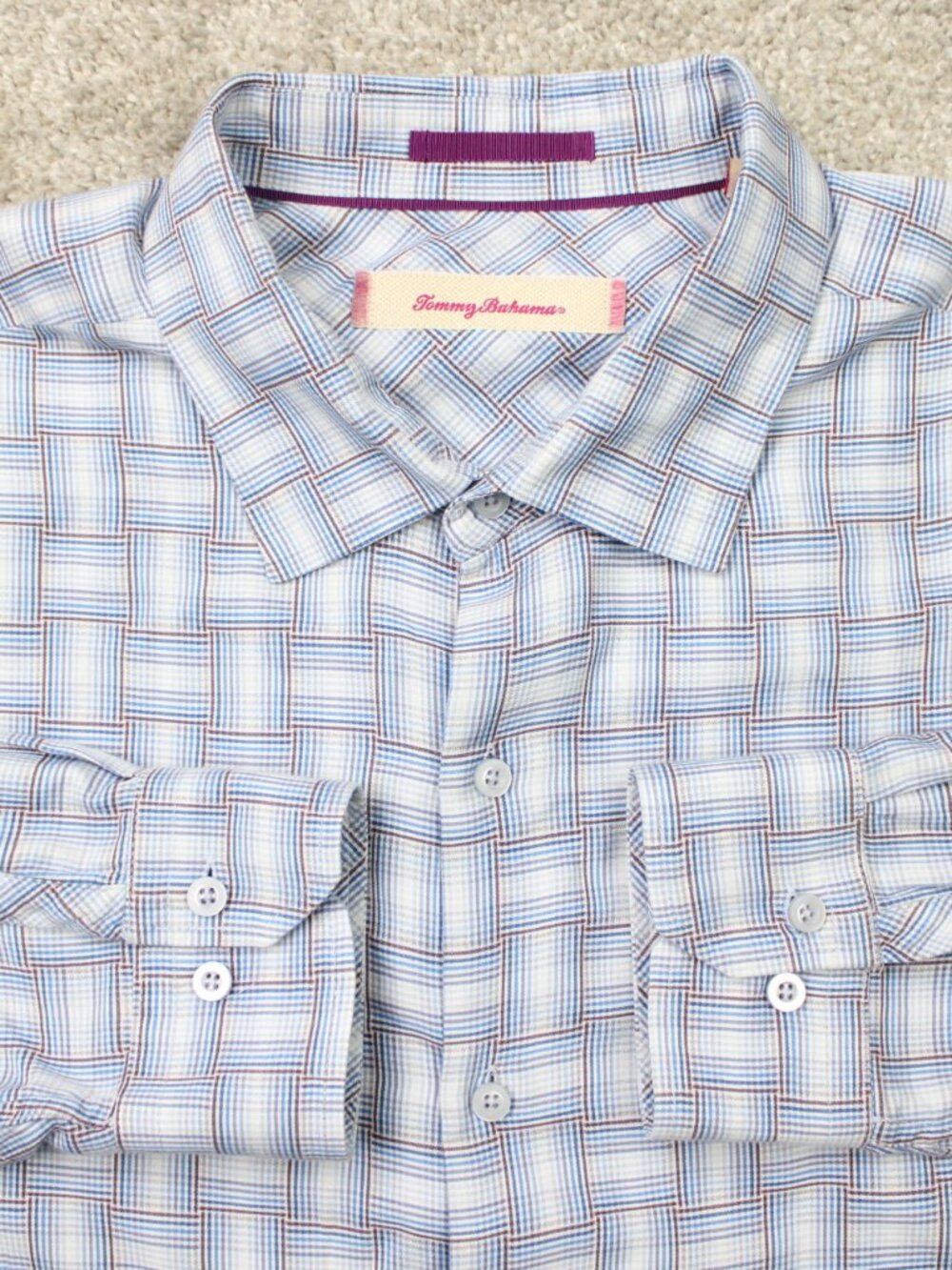 Tommy Bahama Shirt Mens 2XL XXL Blue/Brown Plaid Cotton/Silk Long Sleeve Preppy